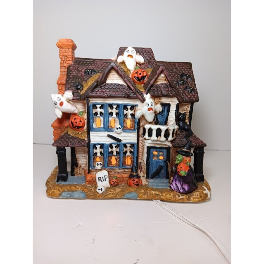 Rare MSR Imports Retired Half Halloween/Half Christmas Ceramic Light Up House